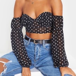 PrettyLittleThing Black Polka Printed Mesh Sweetheart Bardot Crop Top